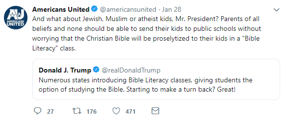 Trump tweet about Bible classes