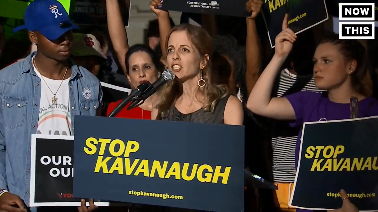 AU President and CEO Rachel Laser speaking outside the Supreme Court to protest Brett Kavanaugh's nomination