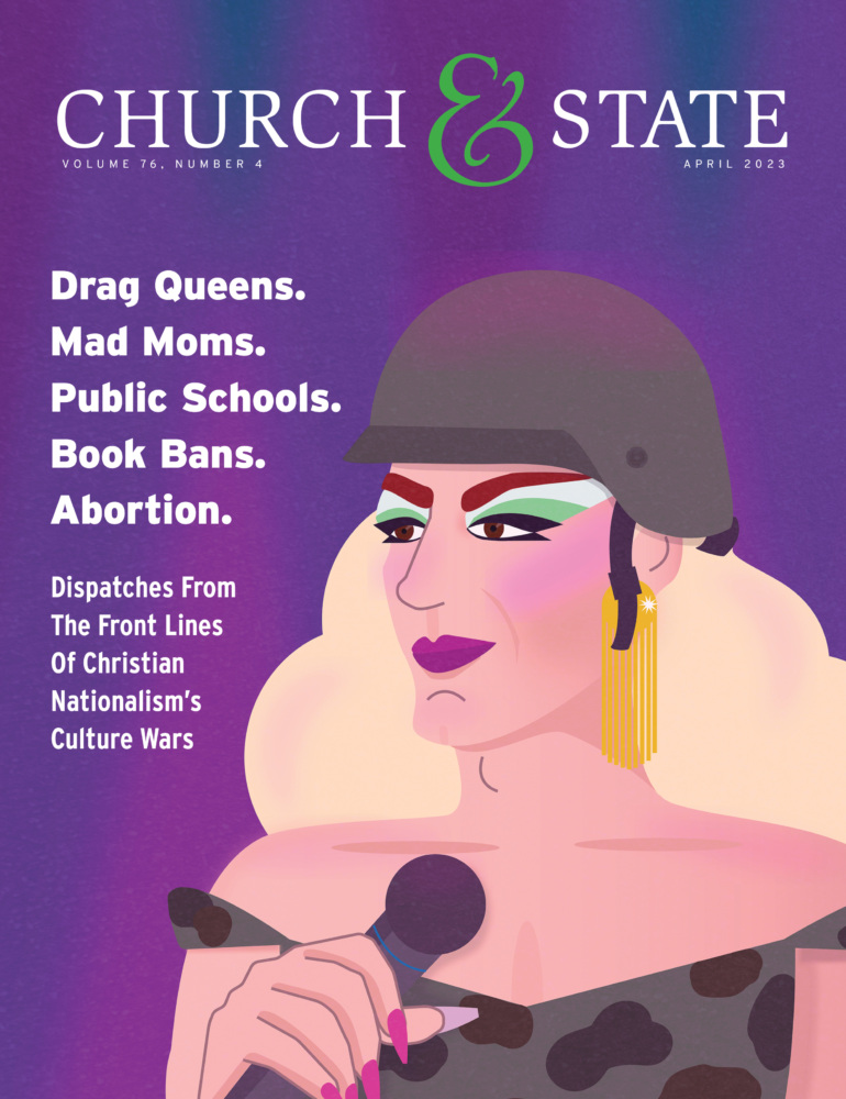 Magazine cover with a drag queen wearing a military themed costume.