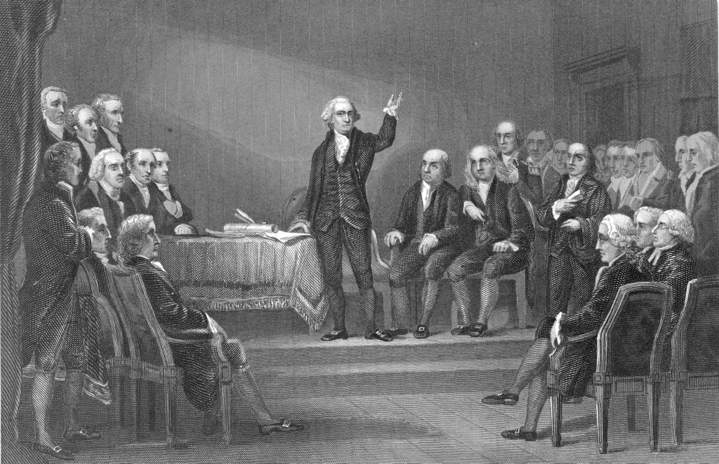 1787:  American general George Washington (1732 - 1799) presides over the Constitutional Convention, Philadelphia, Pennsylvania, May 25 - September 17, 1787.  