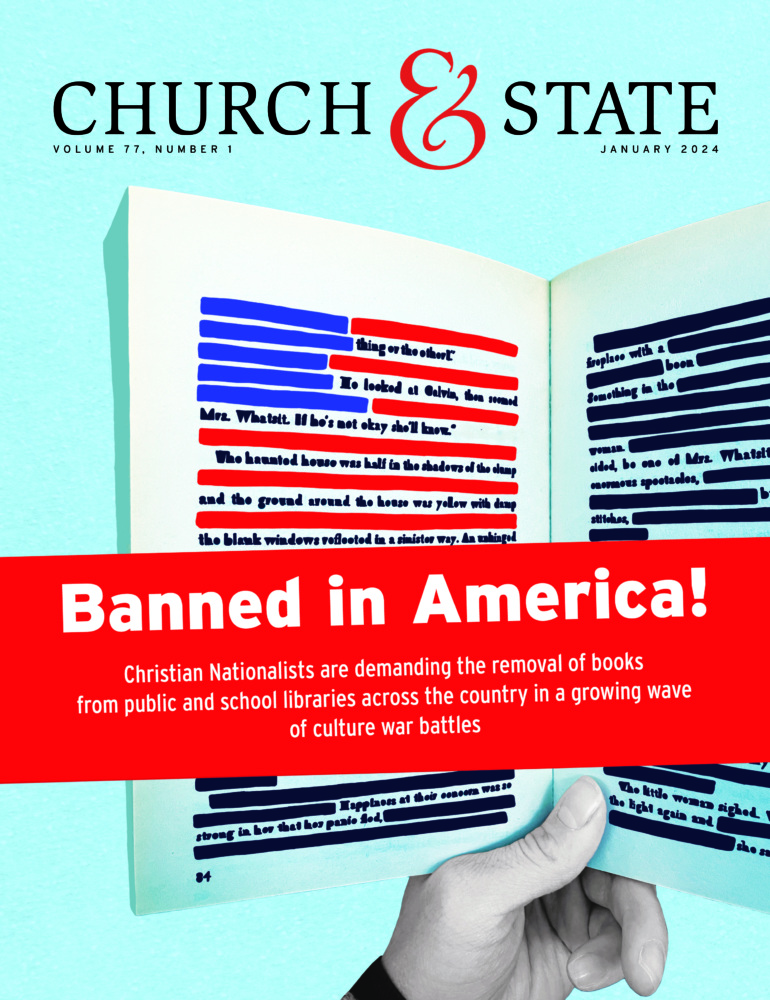 Someone holds a censored book. Some of the censored lines are blue and red, creating the impression of the American flag, given the title 