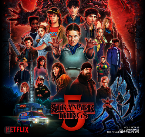 Promotional image for the 'Stranger Things' finale. The image features multiple characters from the show against a dark, cosmic backdrop of Vecna.