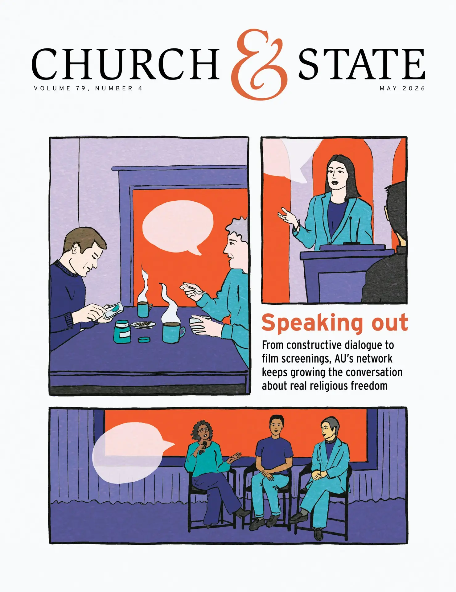 Magazine cover featuring two men having a conversation, a woman speaking at a podium and three women speaking on a panel